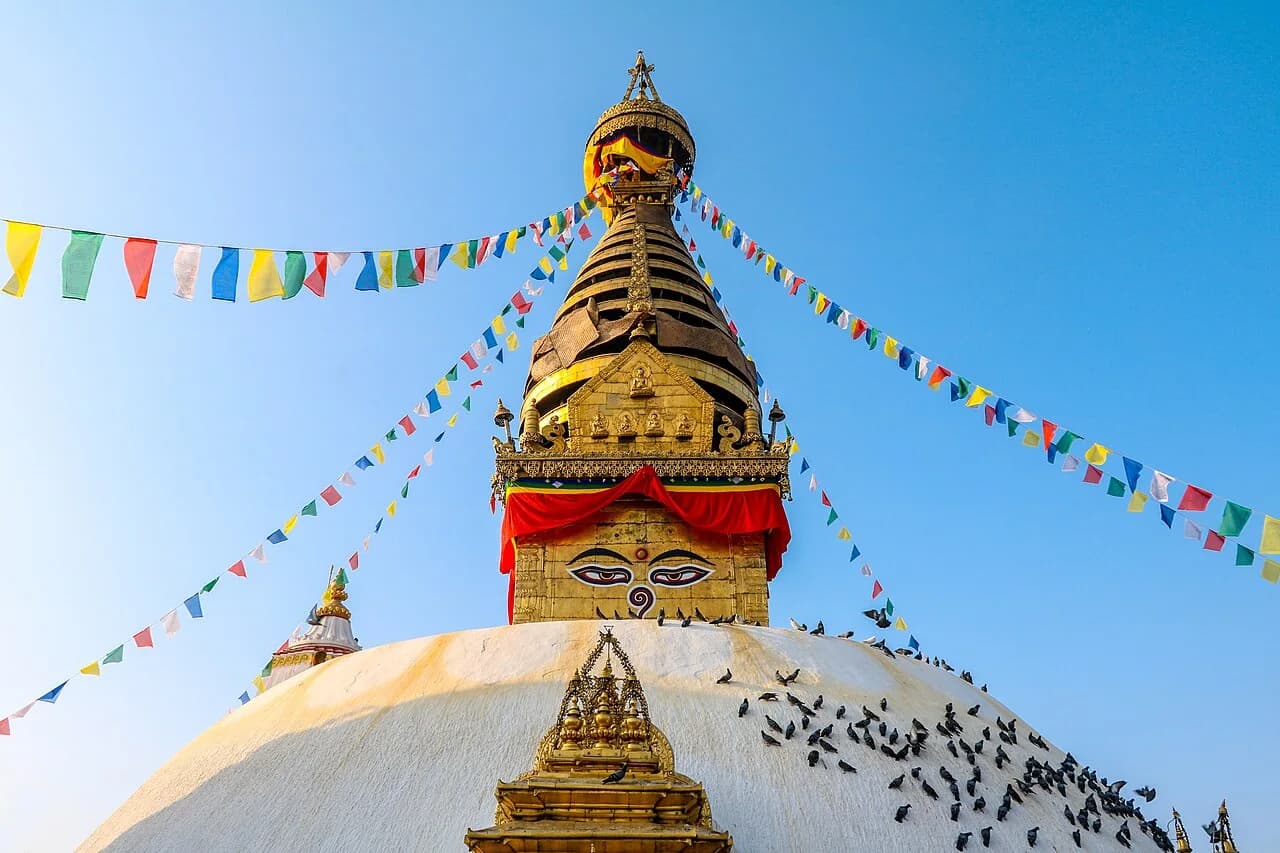 Prayer flags and the stupa at Swayambhunath