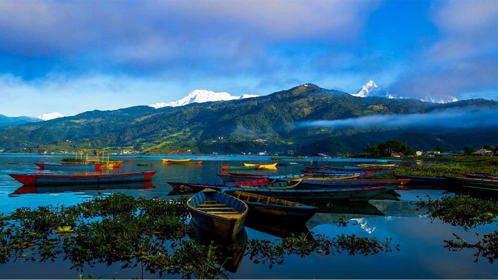 Colourful wooden boats on Phewa Lake in Pokhara